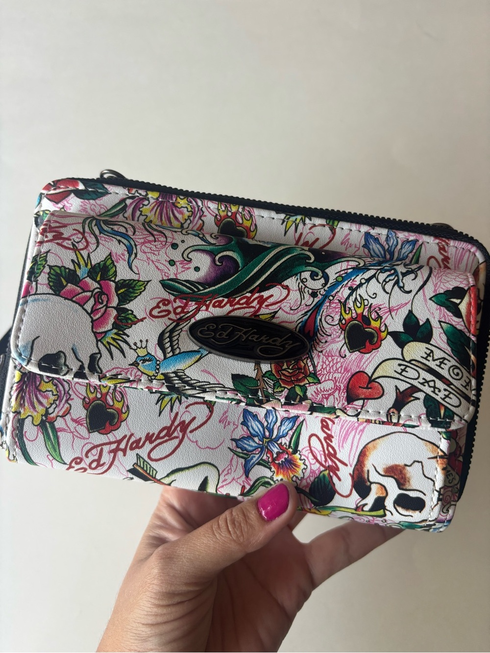 Ed Hardy White Floral Tattoo Zip Wallet with Pink Accents